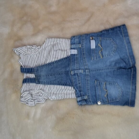 7 For All Mankind Girls Denim Overall Shorts Striped T-Shirt Set Size 12 Months - Picture 8 of 9